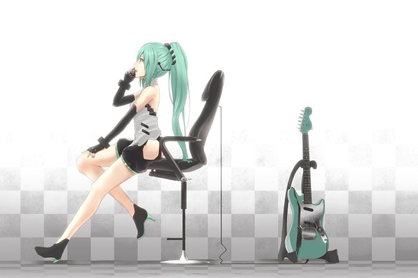 Anime picture 1500x1000 with vocaloid hatsune miku nanaku teiru single long hair open mouth sitting ponytail aqua eyes aqua hair checkered background girl detached sleeves shorts guitar phone bass guitar