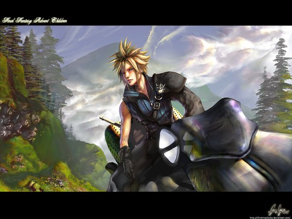 Anime picture 1280x960 with final fantasy vii advent children final fantasy final fantasy vii square enix cloud strife single nature motorcycle fenrir (vehicle) greg garza