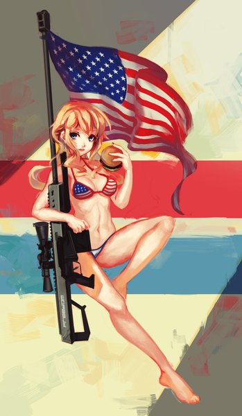 Anime picture 1284x2204 with original saimon ma single long hair tall image looking at viewer blue eyes light erotic blonde hair barefoot bare belly flag print girl navel weapon swimsuit bikini gun flag sniper rifle