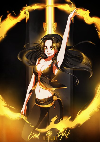 Anime picture 899x1275 with original kristallin-f (artist) single long hair tall image looking at viewer breasts light erotic black hair smile bare shoulders signed armpit (armpits) midriff magic girl navel earrings belt fire