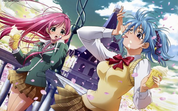 Anime picture 1920x1200 with rosario+vampire akashiya moka kurono kurumu long hair highres open mouth wide image multiple girls blue hair pink hair sky cloud (clouds) licking girl uniform 2 girls school uniform petals food sweets