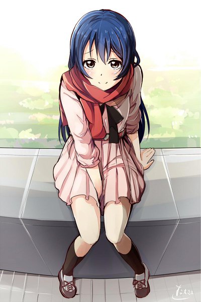 Anime picture 800x1200 with love live! school idol project sunrise (studio) love live! sonoda umi tata (tataice) single long hair tall image looking at viewer blush smile yellow eyes blue hair full body from above arm support between legs girl dress socks