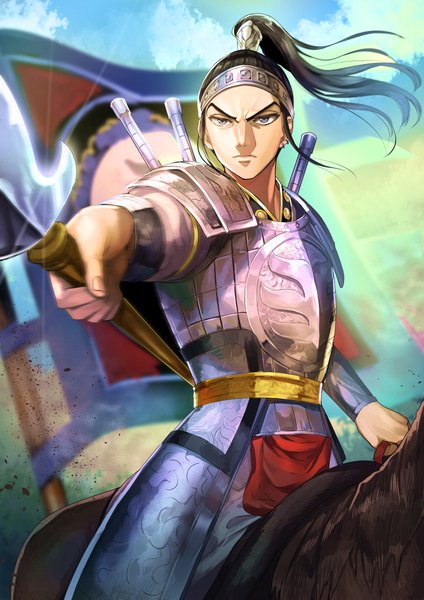 Anime picture 1736x2456 with kingdom ou hon kokouno oyazi single long hair tall image highres black hair looking away ponytail grey eyes riding boy weapon armor spear banner