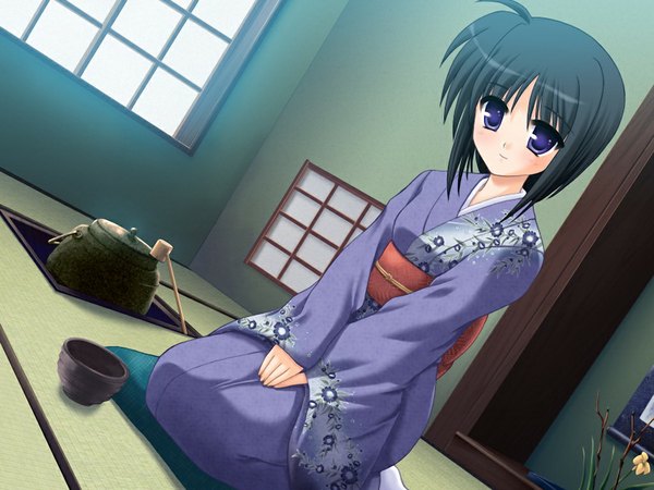Anime picture 1024x768 with sakura machizaka stories (game) single short hair black hair purple eyes game cg japanese clothes girl kimono tatami