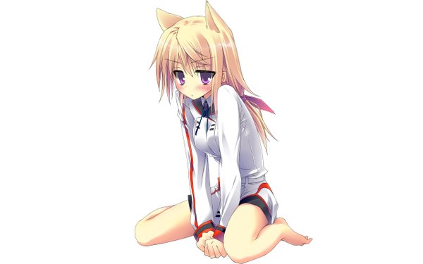 Anime picture 2560x1600 with infinite stratos 8bit charles dunois single long hair looking at viewer blush highres blonde hair simple background wide image white background sitting animal ears pink eyes barefoot girl uniform school uniform