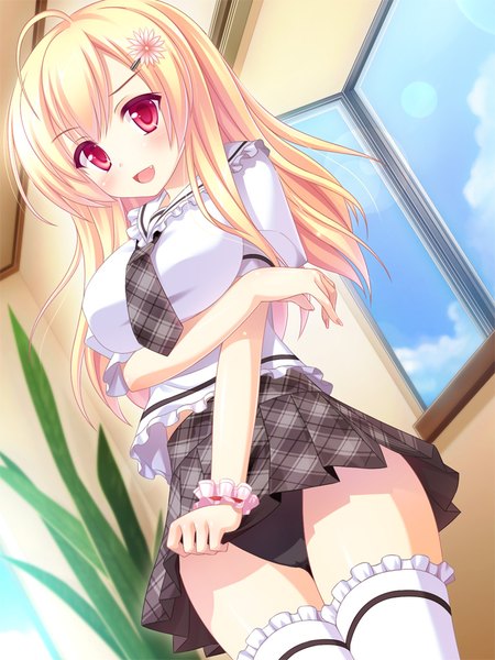 Anime picture 768x1024 with original hatsu single long hair tall image looking at viewer blush fringe breasts open mouth light erotic blonde hair large breasts cloud (clouds) ahoge :d pleated skirt pink eyes hair flower from below