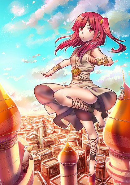 Anime picture 700x1000 with magi the labyrinth of magic a-1 pictures morgiana aladdin (magi) ali baba saluja suou sakura long hair tall image looking at viewer short hair blonde hair red eyes blue hair sky cloud (clouds) red hair shadow one side up city cityscape