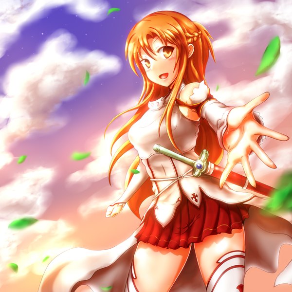 Anime picture 1700x1700 with sword art online a-1 pictures yuuki asuna single long hair brown hair cloud (clouds) orange eyes girl skirt weapon detached sleeves miniskirt sword leaf (leaves)