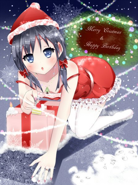 Anime picture 1500x2014 with amatsuki hotaru tall image blue eyes black hair fur trim christmas on all fours girl thighhighs bow hair bow hat white thighhighs fur gift santa claus hat