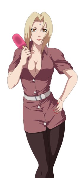 Anime picture 1625x3500 with naruto studio pierrot naruto (series) tsunade kraddy07 single long hair tall image breasts light erotic blonde hair simple background white background brown eyes cleavage hand on hip facial mark hokage girl pantyhose