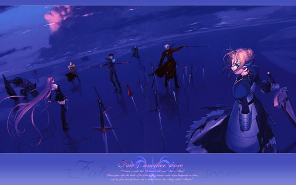 Anime picture 1920x1200 with fate (series) fate/stay night fate/zero studio deen type-moon artoria pendragon (all) saber gilgamesh (fate) rider archer (fate) cu chulainn (fate) caster cu chulainn (fate/stay night) berserker assassin (fate/zero) true assassin koyama hirokazu long hair highres blonde hair