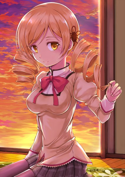 Anime picture 1735x2455 with mahou shoujo madoka magica shaft (studio) tomoe mami maazyu single long hair tall image highres twintails sky orange hair orange eyes drill hair evening sunset girl uniform bow school uniform