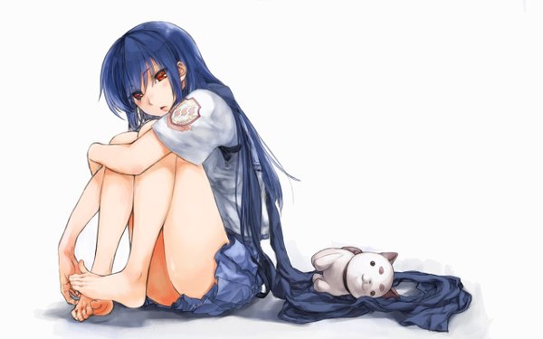 Anime picture 1280x800 with angel beats! key (studio) ninja shiina long hair blush red eyes wide image white background sitting blue hair barefoot girl toy stuffed animal