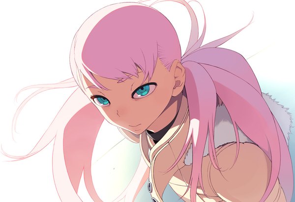 Anime picture 1000x688 with overman king gainer cynthia lane go robots single long hair fringe simple background white background twintails looking away pink hair aqua eyes from above girl coat