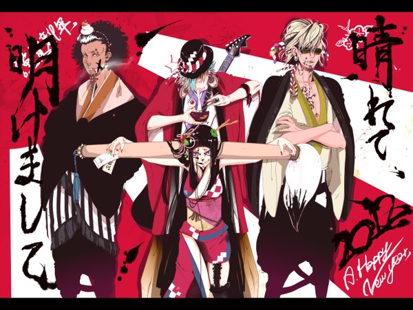 Anime picture 1356x1020 with original fujimaru6379 short hair black hair purple eyes signed nail polish multicolored hair two-tone hair tattoo piercing hieroglyph letterboxed group crossed arms eating pale skin new year happy new year afro