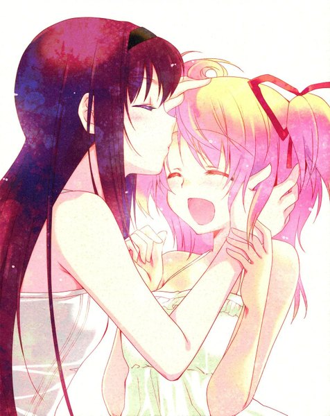 Anime picture 1200x1511 with mahou shoujo madoka magica shaft (studio) akemi homura kaname madoka tama two (fukuya) long hair tall image open mouth simple background brown hair white background twintails multiple girls pink hair eyes closed profile sleeveless couple short twintails happy