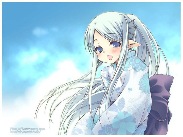 Anime picture 1024x768 with original yano mirura long hair blush open mouth blue eyes ponytail japanese clothes pointy ears grey hair border blue background girl yukata
