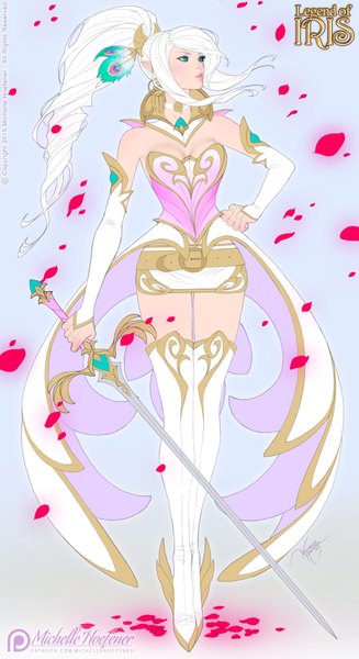 Anime picture 1098x2013 with legend of iris (michelle hoefener) original iris moonluster (legend of iris) michelle hoefener single long hair tall image breasts standing looking away white hair ponytail aqua eyes pointy ears elf girl dress weapon detached sleeves petals