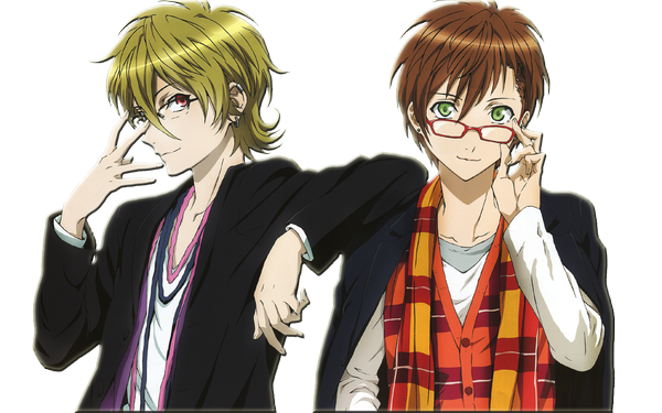 Anime picture 1280x800 with zetsuen no tempest studio bones fuwa mahiro takigawa yoshino looking at viewer highres short hair blonde hair red eyes brown hair wide image green eyes open clothes open jacket transparent background boy earrings jacket scarf