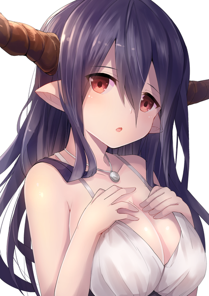 Anime picture 1000x1412 with granblue fantasy danua u rin single long hair tall image looking at viewer blush fringe breasts open mouth light erotic simple background hair between eyes red eyes large breasts white background bare shoulders cleavage purple hair