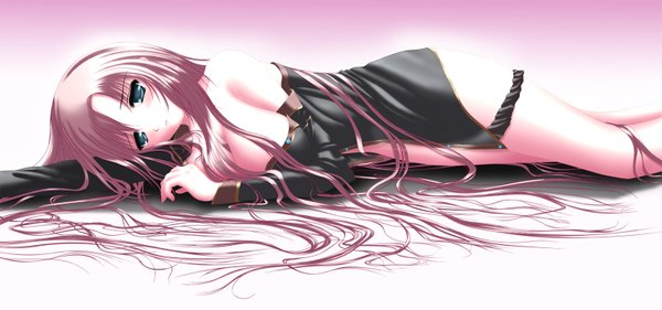 Anime picture 1600x751 with vocaloid megurine luka nohoho (kakikonchi) single long hair blush breasts blue eyes light erotic wide image large breasts bare shoulders pink hair lying girl detached sleeves
