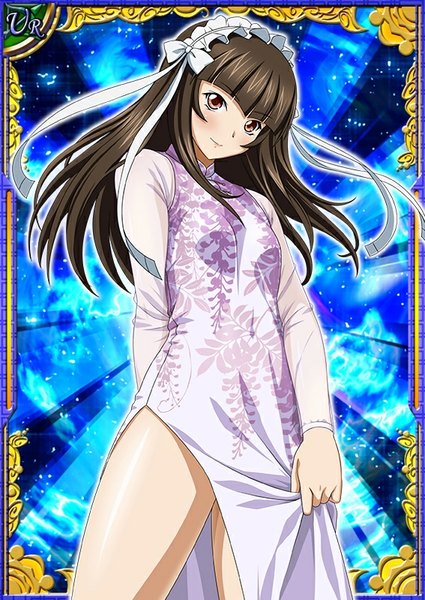 Anime picture 567x800 with ikkitousen teni single long hair tall image looking at viewer blush brown hair brown eyes traditional clothes chinese clothes card (medium) girl dress bow chinese dress lolita hairband