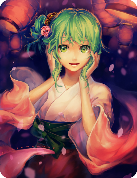 Anime picture 800x1035 with vocaloid gumi aka-shiro single tall image looking at viewer fringe short hair open mouth smile green eyes traditional clothes japanese clothes hair flower green hair inscription alternate hairstyle hair up hands on face girl