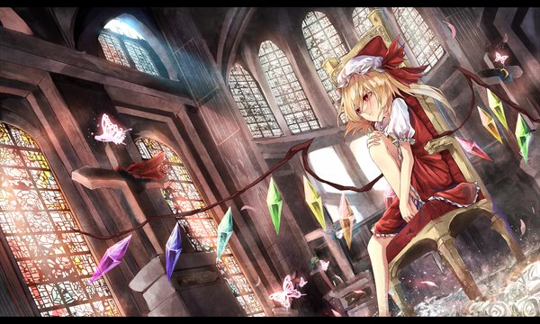 Anime picture 1500x900 with touhou flandre scarlet eisuto single short hair blonde hair red eyes wide image sitting looking away bent knee (knees) indoors sunlight dutch angle hand on knee girl dress flower (flowers) petals wings