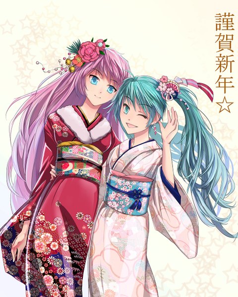 Anime picture 1000x1250 with vocaloid hatsune miku megurine luka lain1 long hair tall image blue eyes smile twintails multiple girls pink hair traditional clothes japanese clothes one eye closed hair flower wink aqua hair wavy hair girl hair ornament
