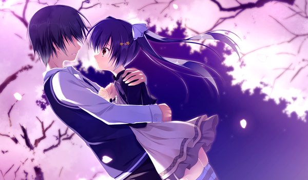 Anime picture 1024x600 with da capo iii rukawa sara takano yuki (allegro mistic) long hair short hair black hair wide image yellow eyes blue hair game cg couple hug cherry blossoms girl boy petals