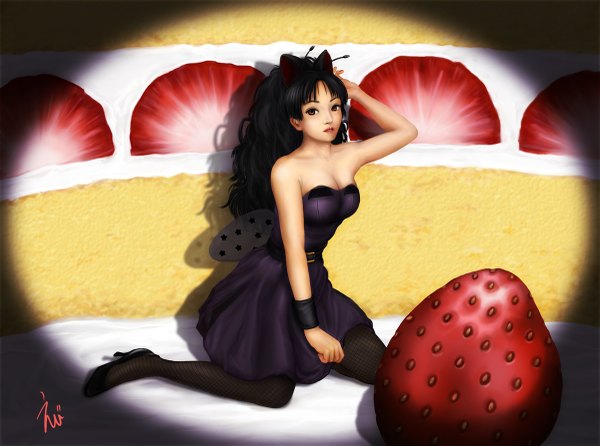 Anime picture 1200x893 with k-on! kyoto animation akiyama mio ebi (eeotoko) black hair realistic girl dress bow pantyhose food fruit berry (berries) strawberry