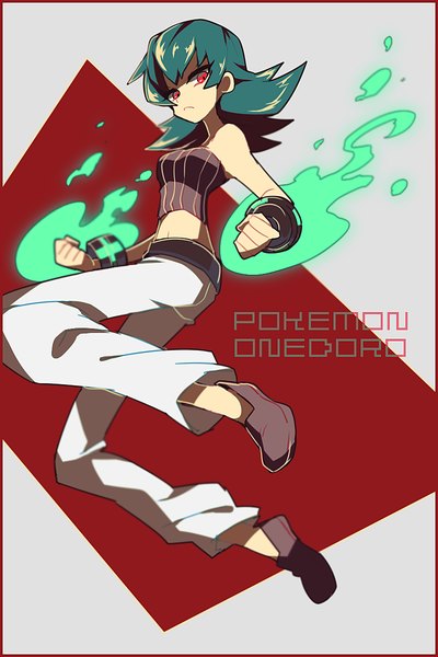 Anime picture 800x1200 with pokemon pokemon heartgold and soulsilver nintendo sabrina (pokemon) domu (hamadura) single tall image looking at viewer short hair red eyes bare shoulders blue hair glowing fighting stance girl