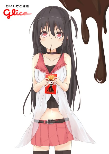 Anime picture 1000x1414 with original saku (kudrove) single long hair tall image blush black hair simple background red eyes white background girl navel miniskirt food sweets chocolate pocky