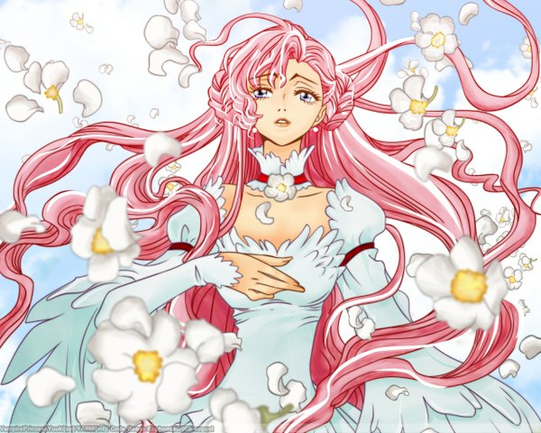 Anime picture 1280x1024 with code geass sunrise (studio) euphemia li britannia yoru angel866 single long hair purple eyes pink hair ahoge girl dress flower (flowers) petals white dress