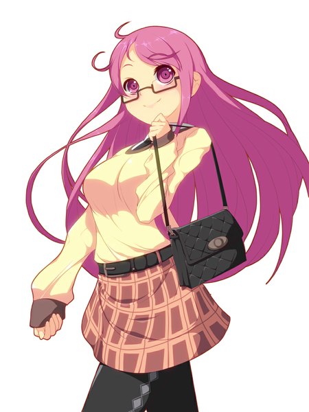 Anime picture 750x1000 with original koflif single long hair tall image blush simple background smile white background purple eyes purple hair girl skirt glasses bag