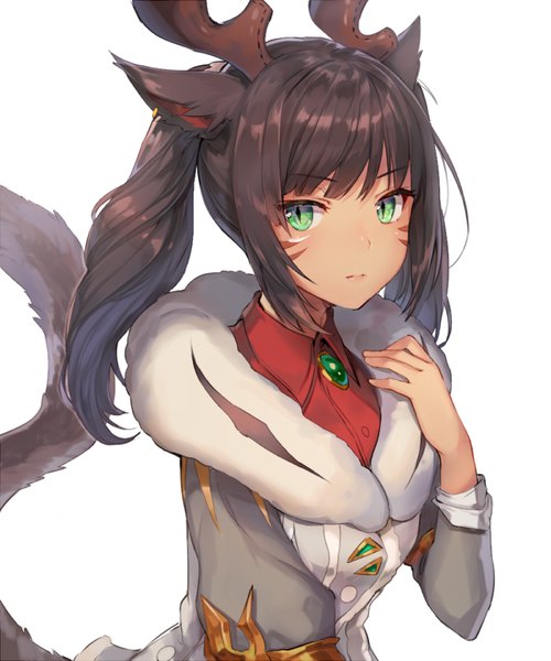 Anime picture 700x840 with final fantasy final fantasy xiv square enix miqo'te momoko (momopoco) single long hair tall image looking at viewer fringe black hair simple background white background green eyes animal ears payot upper body ponytail tail animal tail