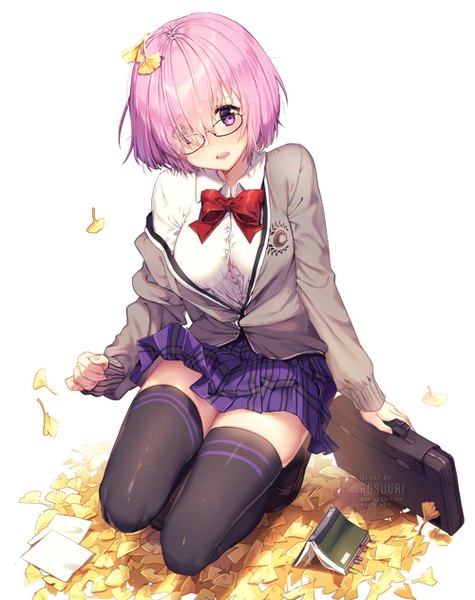 Anime picture 1000x1262 with fate (series) fate/grand order mash kyrielight rosuuri single tall image blush fringe short hair breasts open mouth light erotic simple background white background purple eyes holding signed pink hair long sleeves nail polish