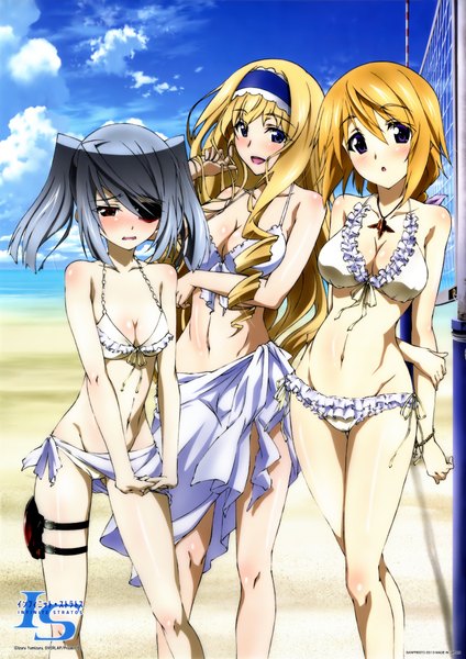 Anime picture 2970x4200 with infinite stratos 8bit charles dunois laura bodewig cecilia orcott long hair tall image blush highres open mouth blue eyes light erotic blonde hair red eyes purple eyes twintails multiple girls silver hair scan official art