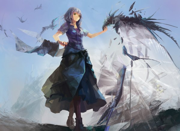Anime picture 2000x1462 with original qweopoi1 single long hair highres open mouth standing yellow eyes looking away sky grey hair from below girl dress weapon pantyhose sword cape feather (feathers) dragon