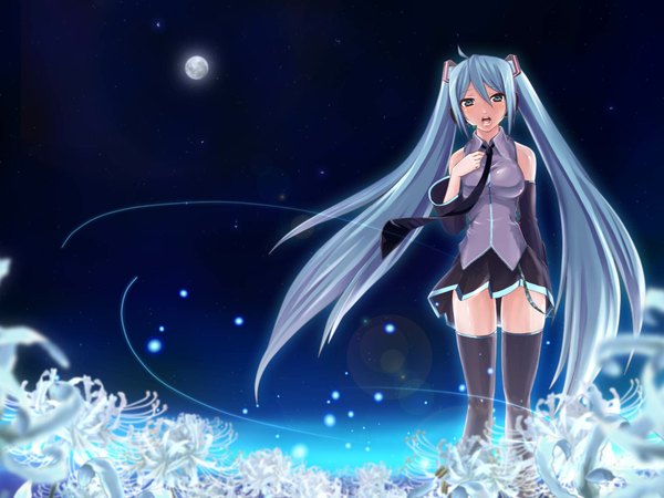 Anime picture 1920x1440 with vocaloid hatsune miku touji (tj studio) single looking at viewer highres open mouth twintails blue hair very long hair night sky girl thighhighs skirt flower (flowers) black thighhighs detached sleeves miniskirt necktie headphones