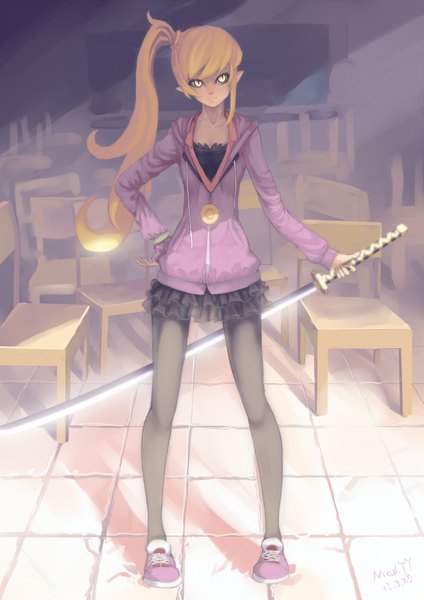 Anime picture 1240x1753 with bakemonogatari nisemonogatari shaft (studio) monogatari (series) oshino shinobu madyy single long hair tall image fringe yellow eyes looking away pointy ears sunlight shadow side ponytail classroom girl dress weapon