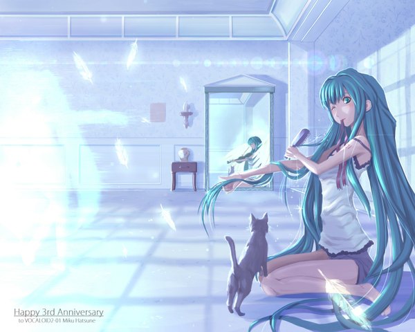 Anime picture 1500x1200 with vocaloid hatsune miku single fringe holding very long hair one eye closed aqua eyes wink tattoo alternate costume mouth hold glowing adjusting hair ribbon in mouth different reflection girl ribbon (ribbons) animal shorts