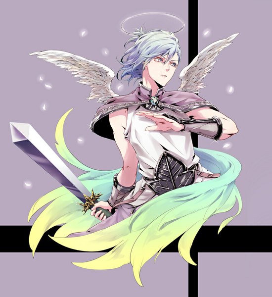 Anime picture 797x870 with uta no prince-sama a-1 pictures mikaze ai meromizawa (artist) single tall image simple background looking away aqua hair grey eyes sleeveless angel wings purple background angel boy weapon sword wings cape halo