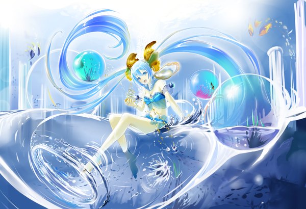 Anime picture 3800x2600 with vocaloid hatsune miku kyaro (kyaro54) single highres open mouth blue eyes sitting twintails blue hair absurdres very long hair underwater girl dress hair ornament water bubble (bubbles) fish (fishes)