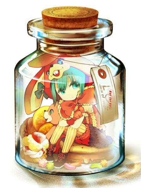 Anime picture 600x800 with vocaloid lol -lots of laugh- (vocaloid) hatsune miku nigo n:go single tall image fringe white background sitting looking away aqua eyes aqua hair chibi in bottle girl pantyhose food sweets toy