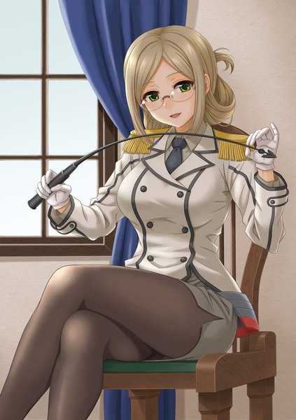 Anime picture 776x1100 with kantai collection katori (kantai collection) hida tatsuo tall image open mouth brown hair sitting green eyes crossed legs girl skirt gloves uniform miniskirt pantyhose glasses white gloves black pantyhose riding crop