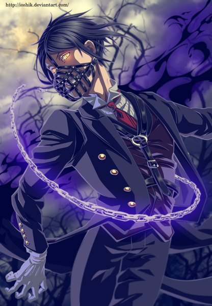 Anime picture 1041x1500 with kuroshitsuji a-1 pictures sebastian michaelis ioshik single tall image short hair black hair smile yellow eyes sky cloud (clouds) grin coloring boy gloves plant (plants) tree (trees) white gloves chain