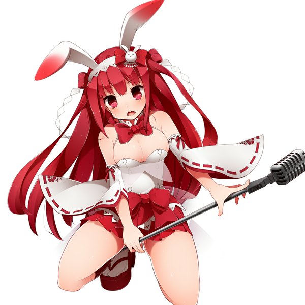 Anime picture 1100x1100 with beatmania beatmania iidx umegiri ameto kinakomoti (artist) single long hair looking at viewer blush breasts open mouth light erotic simple background red eyes white background bare shoulders animal ears red hair bunny ears girl dress