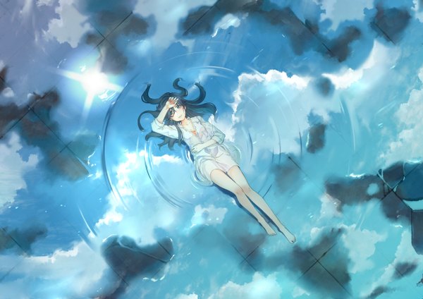 Anime picture 1228x868 with vocaloid no.734 single long hair looking at viewer fringe sky cloud (clouds) aqua eyes from above bare legs partially submerged floating hair reflection wet clothes hand on head open collar afloat girl shirt