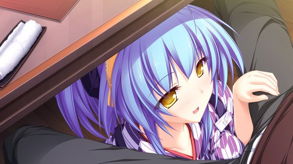 Anime picture 1920x1080 with maikaze no melt hiiragi tsukino tenmaso highres short hair wide image yellow eyes blue hair game cg girl